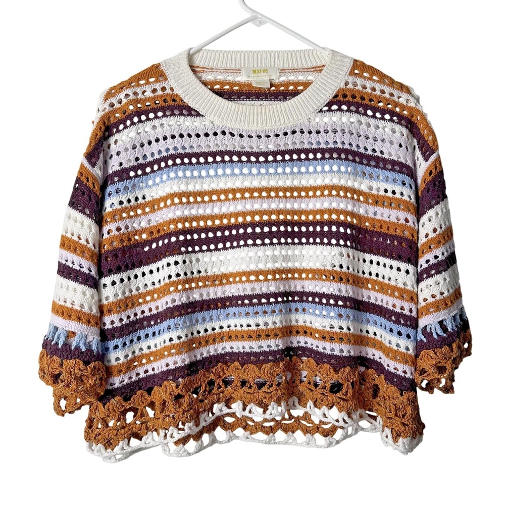 Maeve Anthropologie‎ Sweater Womens One Size Brown White Crochet Open Back Boho